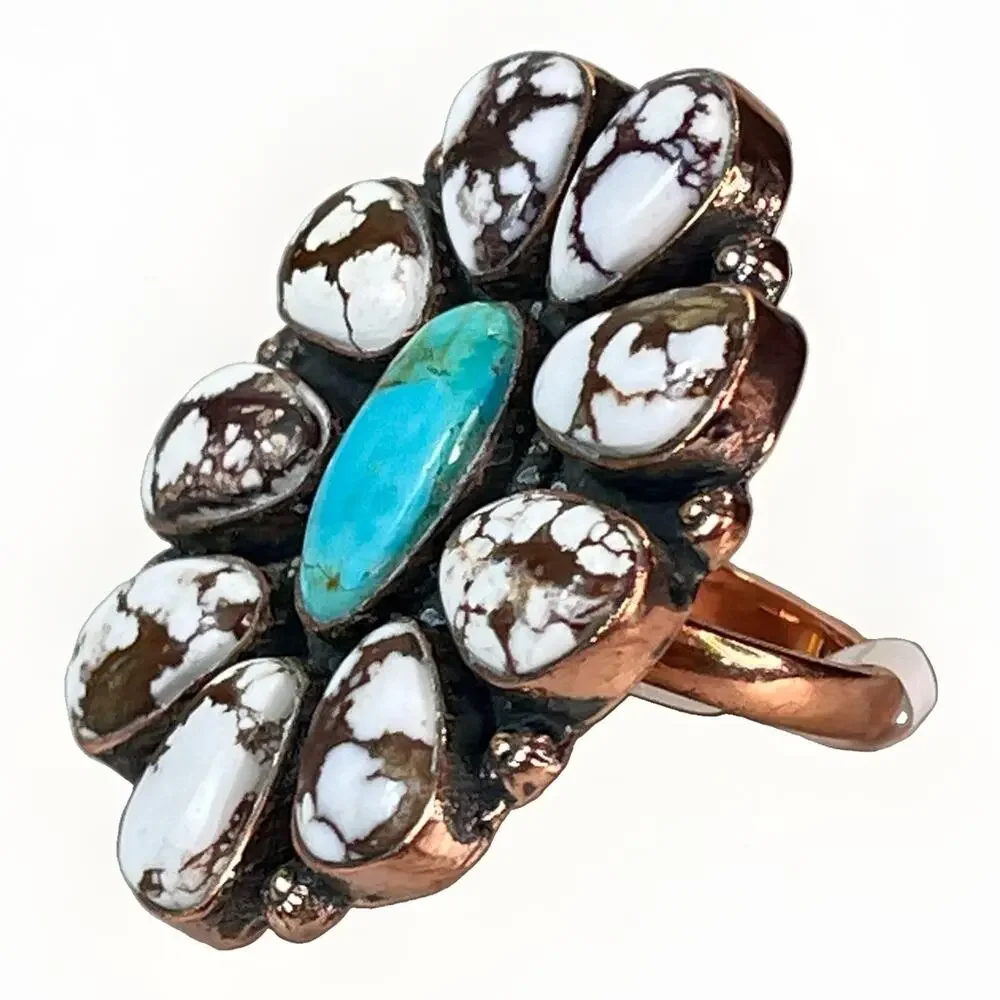 Southwestern Mojave Turquoise Wild Horse Copper Cluster Statement Ring Adjust Sz
